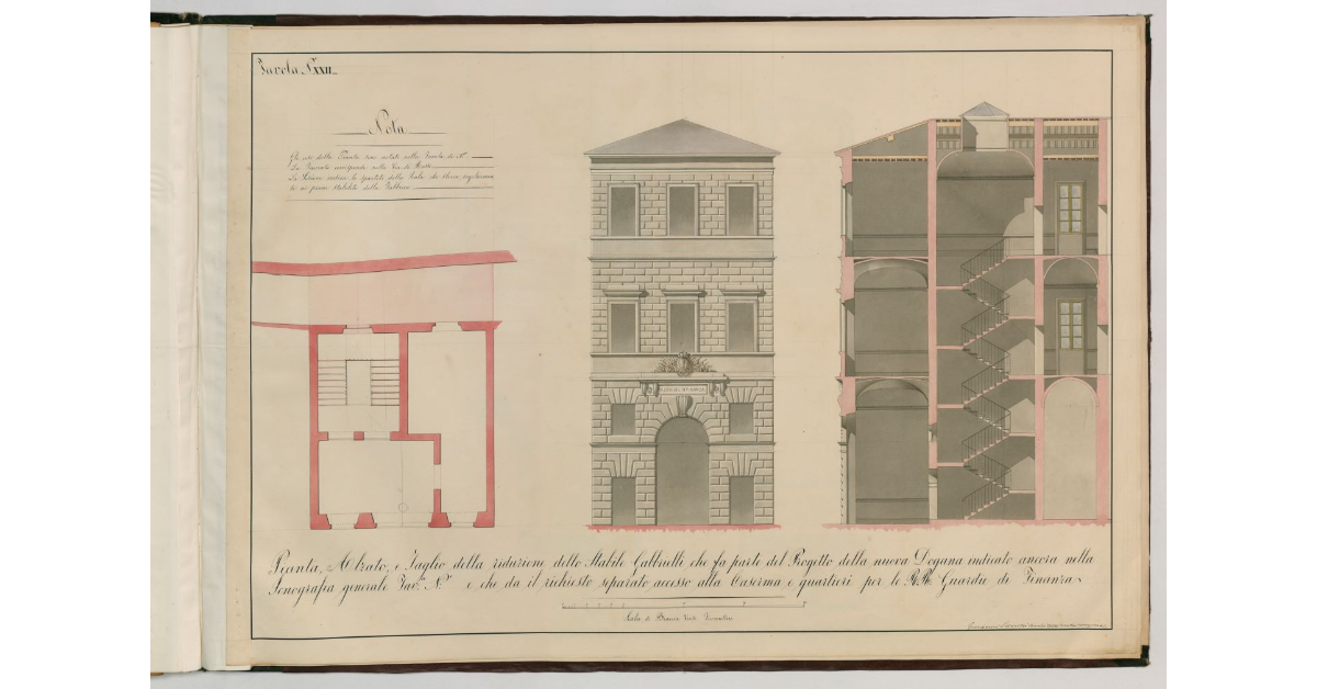 Tavola n. XXII - Pianta, Alzato e Taglio della riduzione dello Stabile Gabbrielli, che fa parte del Progetto della nuova Dogana [di Siena] [...]