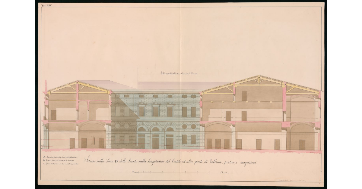 Tavola n.VII — Sezione sulla linea EF delle Piante nella longitudine del cortile ed altre parti di fabbrica, portici e magazzini