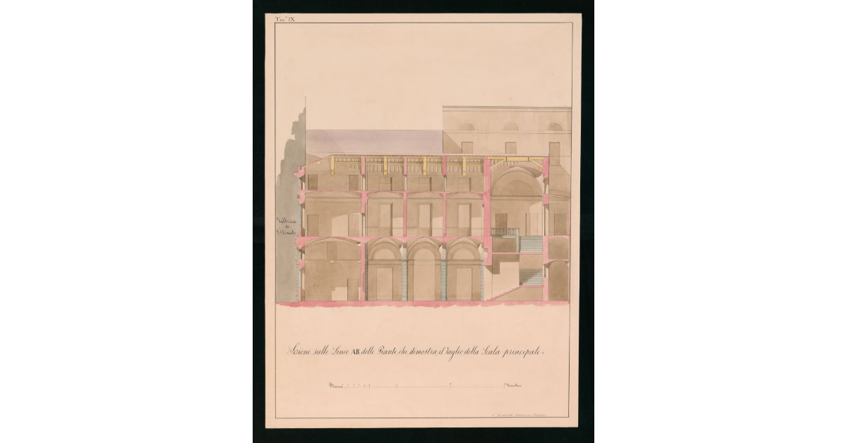 Tavola n.IX - Sezione sulle linee AB delle Piante, che dimostra il taglio della scala principale