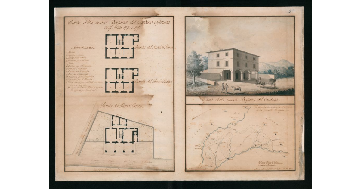 [Piante e veduta "della nuova Dogana del Cardino costruita negli anni 1790 e 1791"]