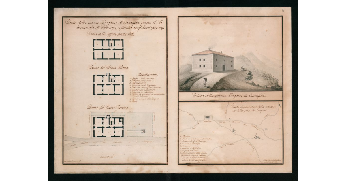 Piante e veduta "della nuova Dogana di Casaglia presso il Tabernacolo di Polveraia costruita negli anni 1788 e 1789"]