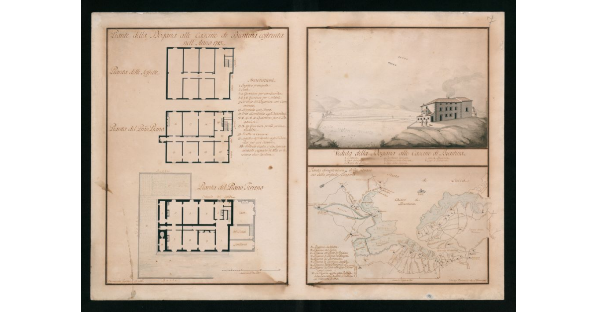[Piante e veduta "della Dogana alle Cascine di Bientina costruita nell'anno 1785"]