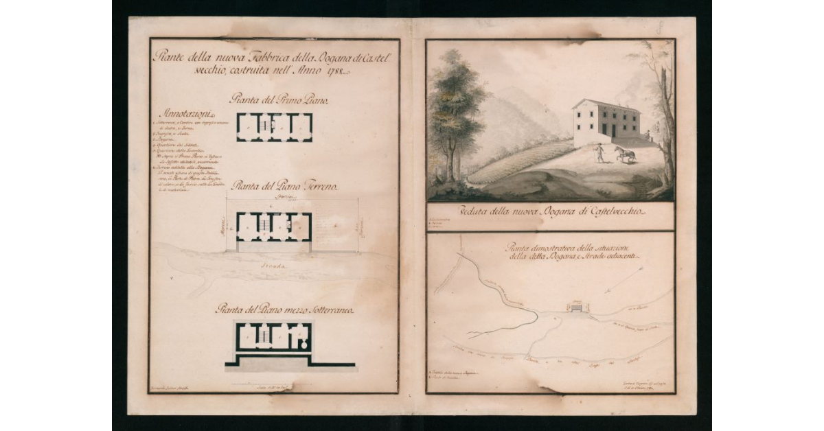 [Piante e veduta "della nuova Fabbrica della Dogana di Castel Vecchio costruita nell'anno 1788"]