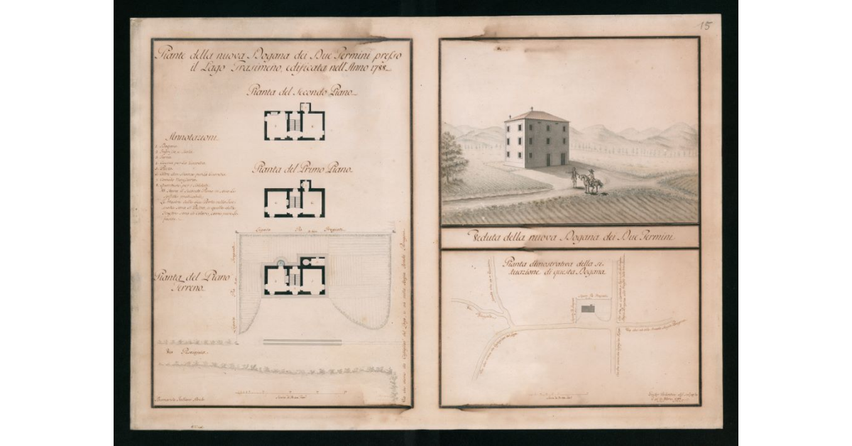 [Piante e veduta "della nuova Dogana dei Due Termini presso il Lago Trasimeno edificata nell'anno 1788"]