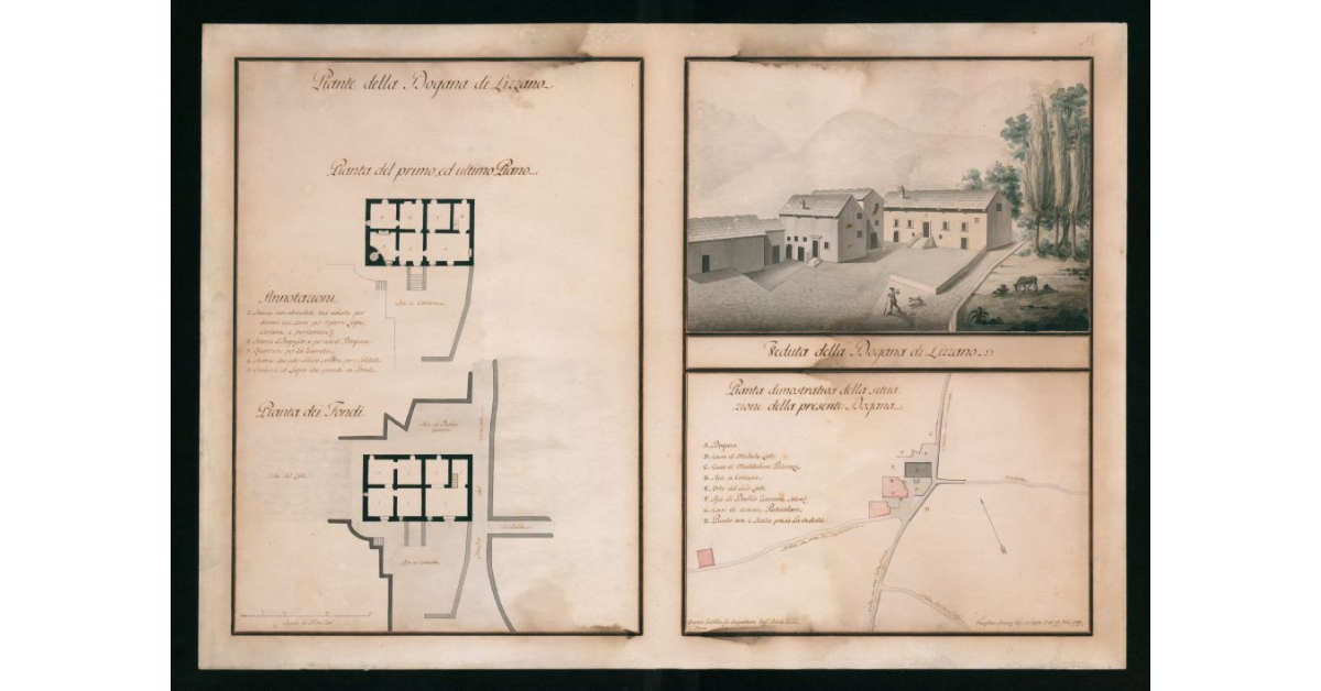 [Piante e veduta della Dogana di Lizzano]