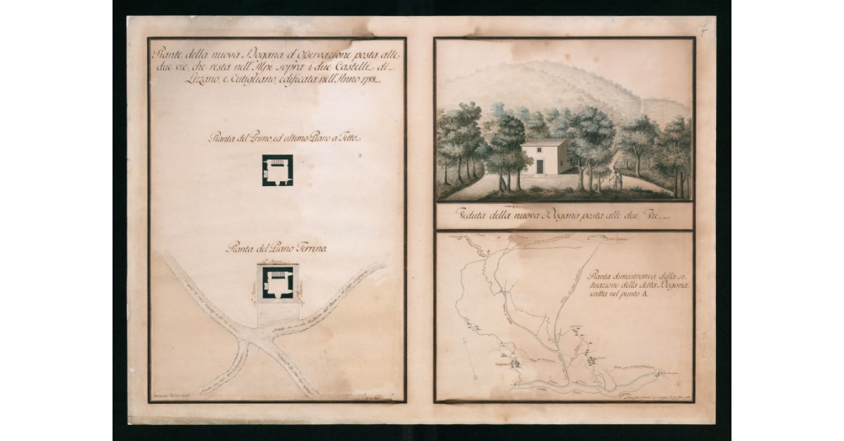 [Piante e veduta "della nuova Dogana d'osservazione posta alle due vie che resta nell'Alpi sopra i due castelli di Lizzano e Cutigliano edificata nell'anno 1788"]