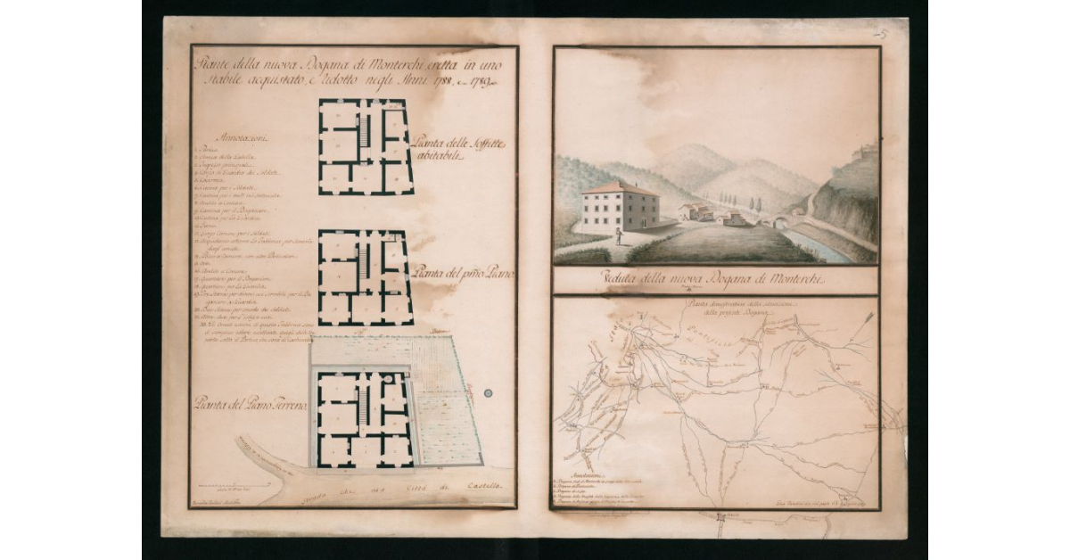 [Piante e veduta "della nuova Dogana di Monterchi eretta nello stabile acquistato e ridotto negli anni 1788 e 1789"]