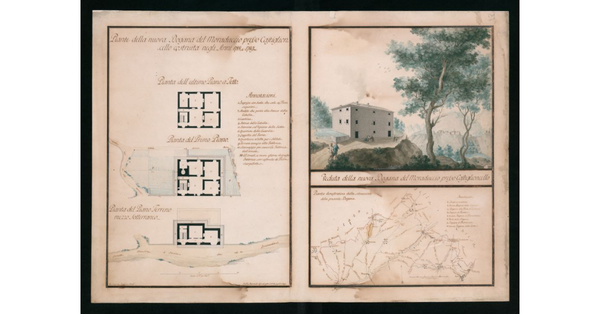 [Piante e veduta "della nuova Dogana del Moraduccio presso Castiglioncello costruita negli anni 1788 e 1789"]