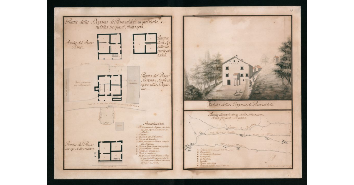 [Piante e veduta "della Dogana di Piancaldoli acquistata e ridotta in quest'anno 1788"]