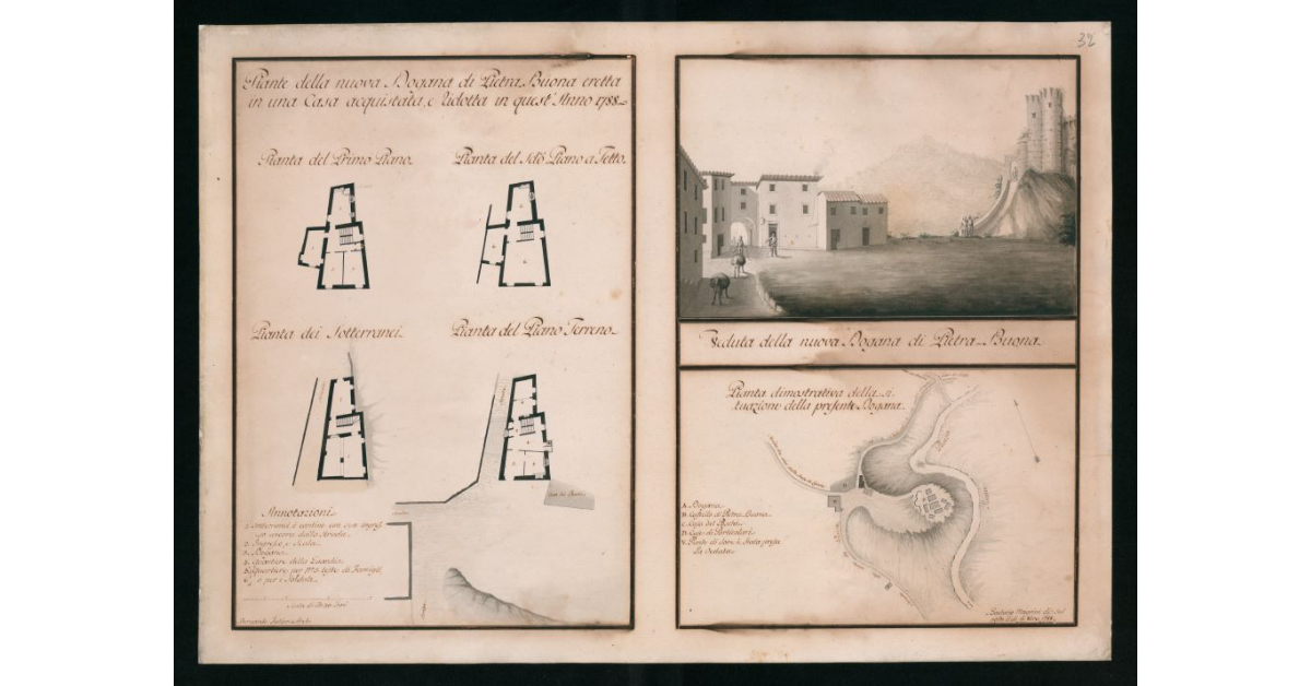 [Piante e veduta "della nuova Dogana di Pietrabuona eretta in una casa acquistata e ridotta in quest'anno 1788"]