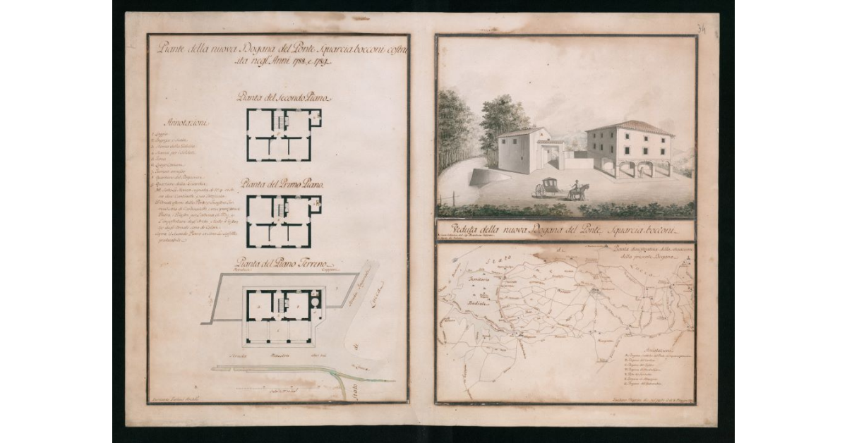 [Piante e veduta "della nuova Dogana del Ponte Squarciabocconi costruita negli anni 1788 e 1789"]