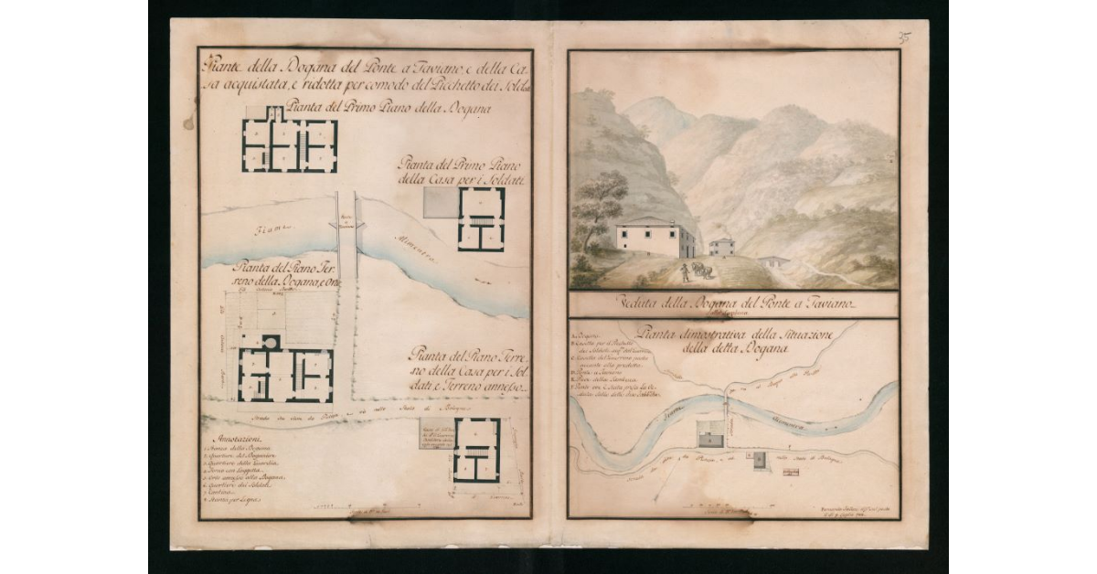[Piante e veduta "della Dogana del Ponte a Taviano e della casa acquistata e ridotta per comodo del Picchetto dei Soldati"]