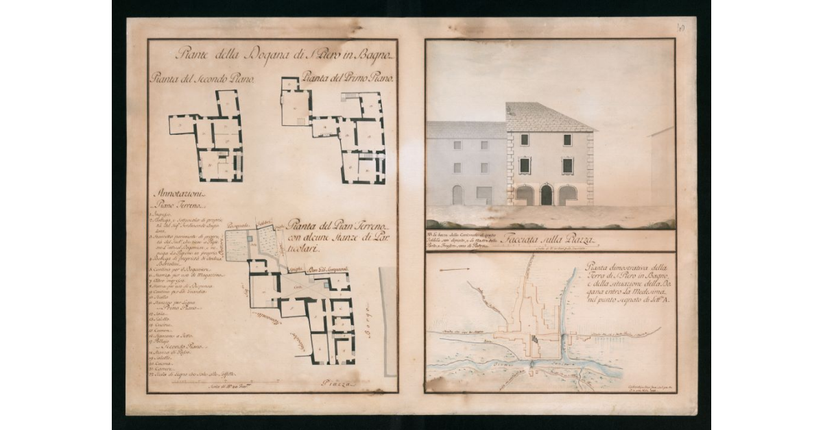 [Piante e veduta "della Dogana di S.Piero in Bagno"]