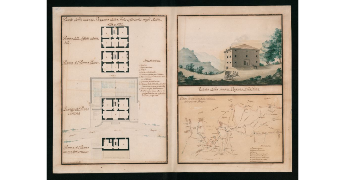 Pianta della nuova dogana della Futa costruita negli anni 1788 e 1789. Veduta della nuova dogana della Futa. Pianta dimostrativa della situazione della presente dogana