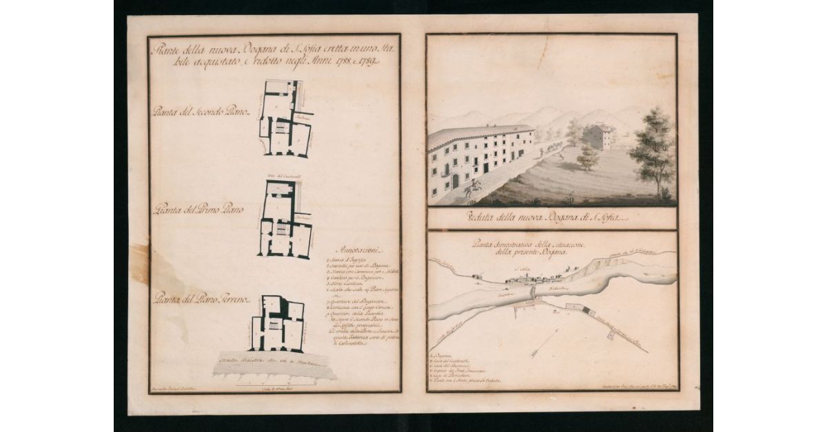 Pianta della nuova dogana di Santa Sofia eretta in uno stabile acquistato e ridotto negli anni 1788 e 1789. Veduta della nuova dogana di S.Sofia. Pianta dimostrativa della situazione della presente dogana