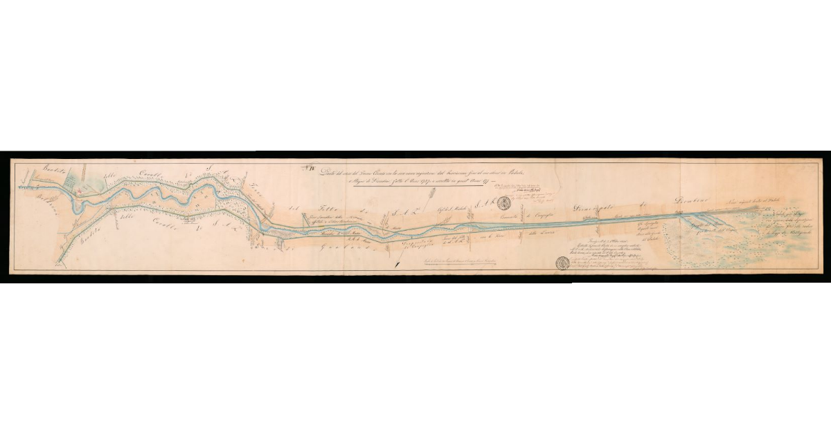 Pianta del corso del Fiume Cornia con la sua nuova arginazione dal Roviccione fino al suo sbocco in Padule o Stagno di Piombino, fatta l'anno 1757 e corretta in quest' anno 177