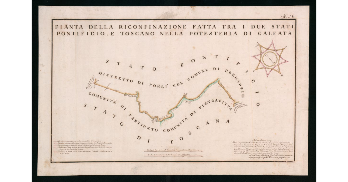 Pianta della riconfinazione fatta tra i due Stati Pontificio e Toscano nella Potesteria di Galeata
