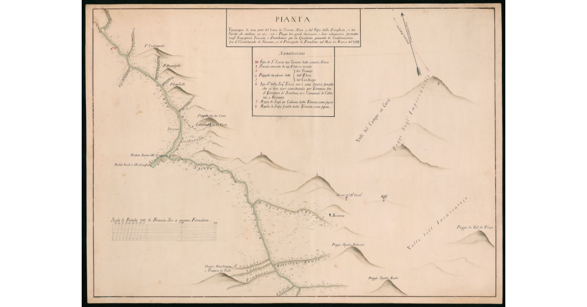 Pianta topografica di una parte del corso del Torrente Alma, e del Fosso della Zinghera, e dei Fossetti che mettono in essi, con i Poggi dai quail derivano, e loro adiacenze, formata dagl'Ingegneri Toscani e Piombinesi per la questione presente di confinazione fra il Granducato di Toscana et il Principato di Piombino nel mese di Marzo del 1781