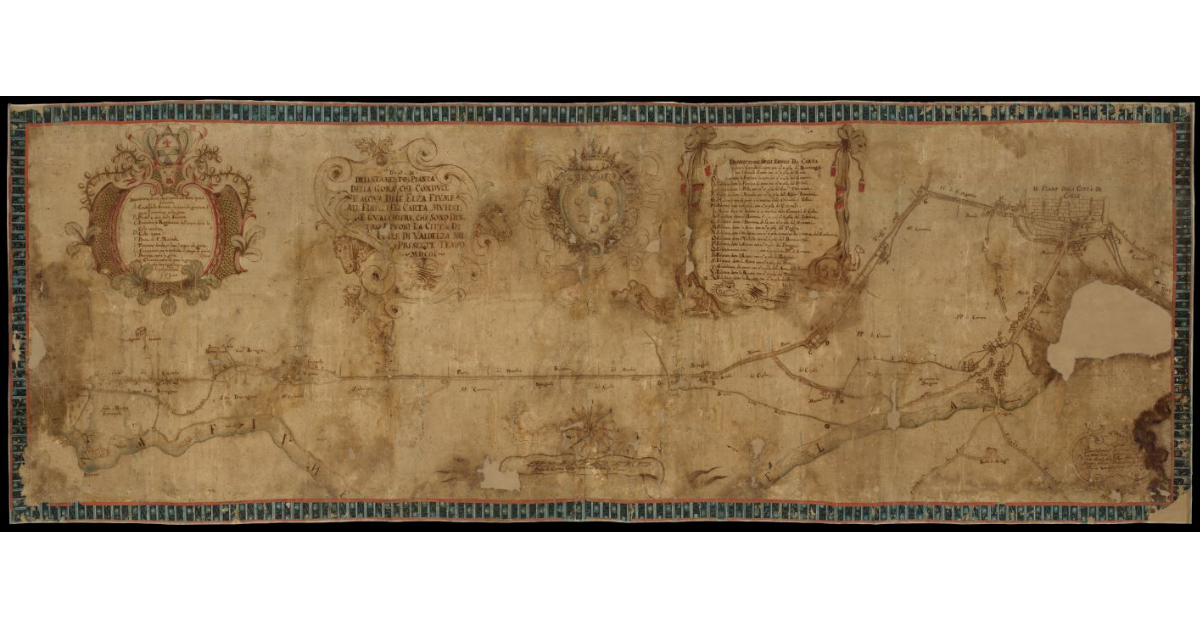 Delineamento o pianta della gora che conduce l'acque dell'Elza fiume alli edifizi da carta, mulini e gualchiere che sono dentro e fuori dalla città di Colle di Valdelza nel presente tempo