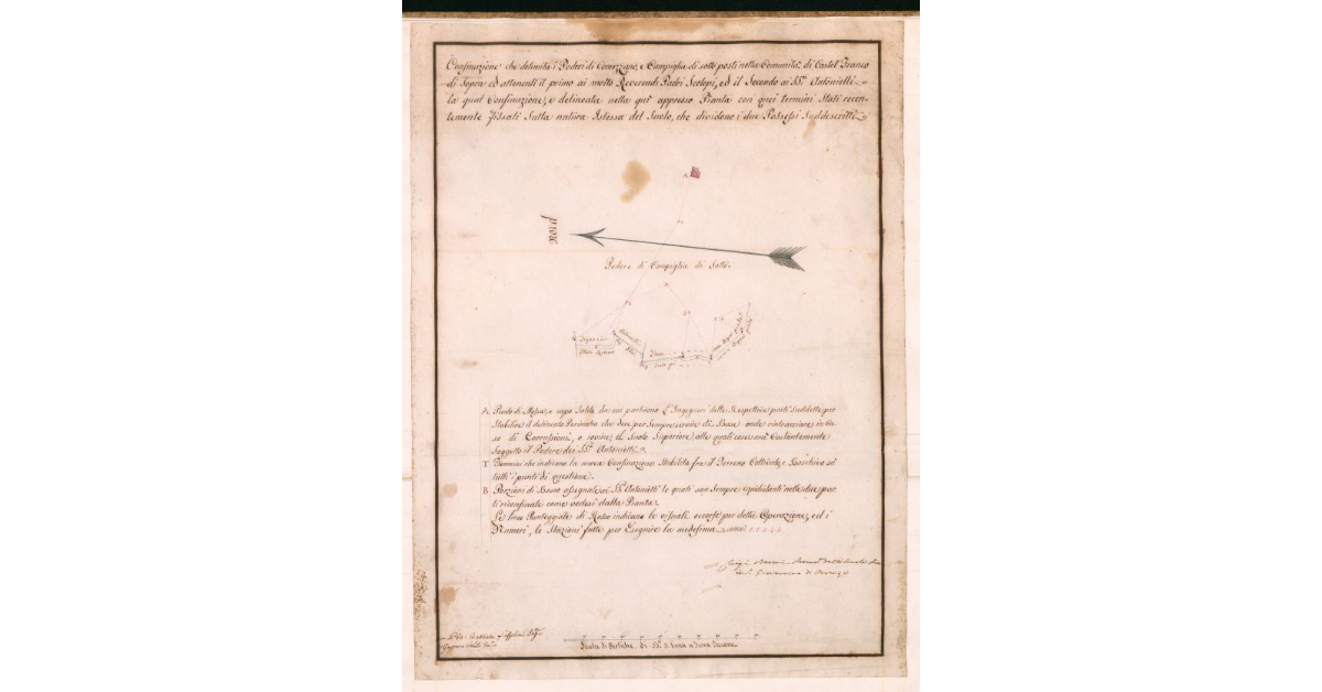 Confinazione che delimita i Poderi di Comezzano e Campiglia di sotto posti nella Comunità di Castel Franco di Sopra, ed attenenti il primo ai molto Reverendi Padri Scolopi, ed il secondo ai SS.ri Antonielli, la qual confinazione è delineata nella qui ap-presso Pianta con quei termini stati recentemente fissati sulla natura istessa del suolo, che dividono i due possessi suddescritti