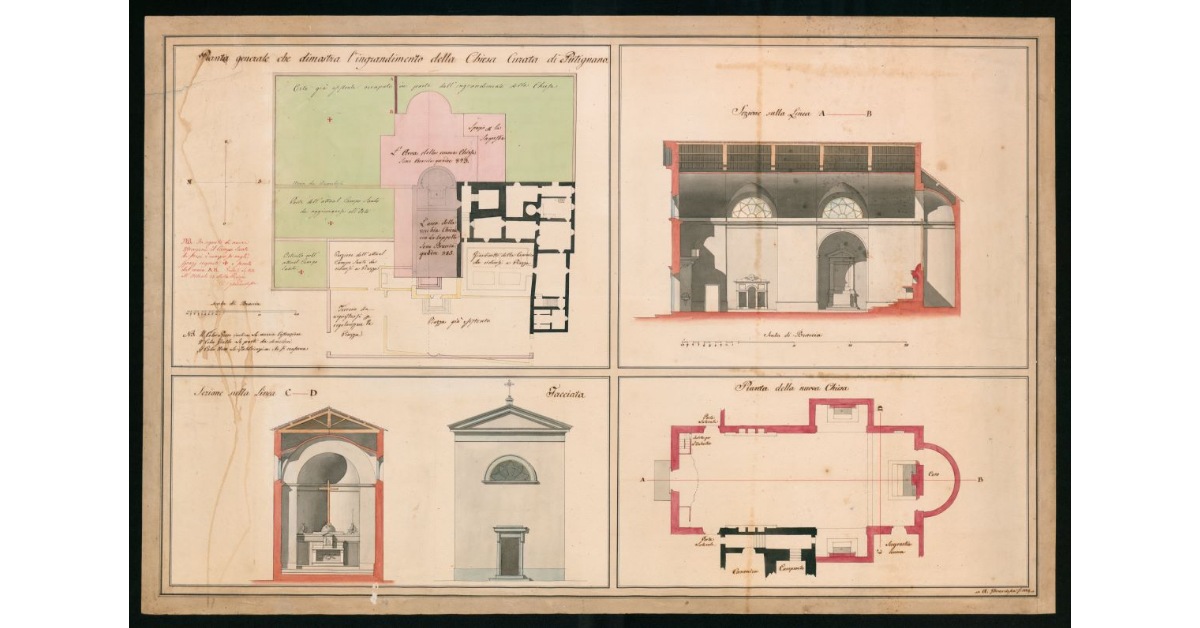[Piante, alzato e sezioni dimostranti l'ingrandimento della Chiesa Curata di Putignano]