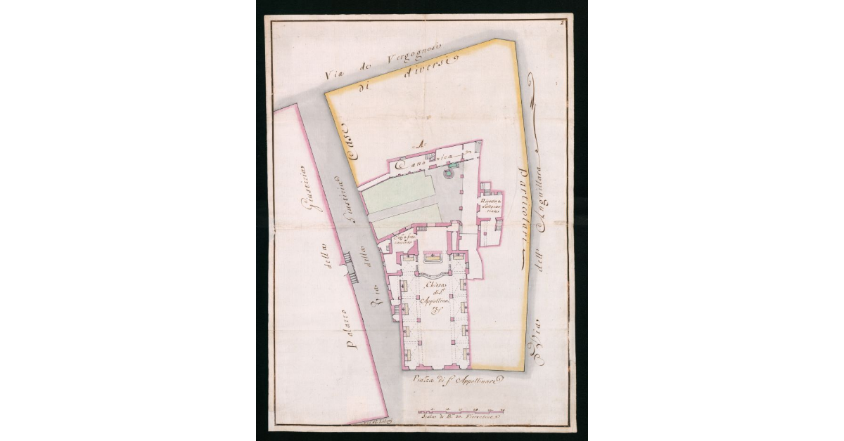 [Pianta del complesso edilizio con chiesa e canonica di S.Apollinare, posto nella omonima piazza]