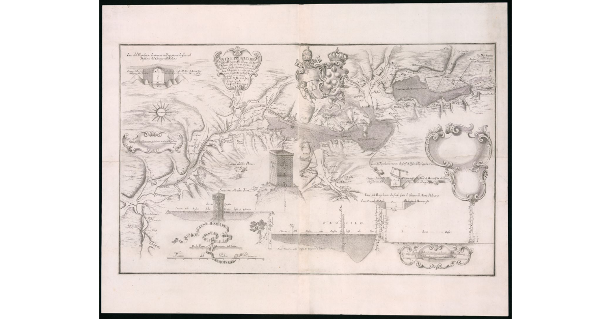 Pianta e profilo dello stato dell' Acque delle Chiane dal Ponte di Valiano fino al Ponte di Sotto, e di li al muro grosso, riscontrata con quella fatta l'anno 1663 e 1664 e ridotta al presente stato nei mesi Maggio e Giugno 1719 da noi Egidio Maria Bordoni Ingegnere per parte di N.S. e Giovanni Franchi Ingegnere per parte di S.A.R
