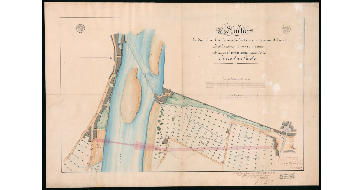 Carta che dimostra l'andamento dei bracci di strada destinati ad allacciare il Ponte di Ferro attraverso il Fiume Arno fuori della Porta San Niccolò