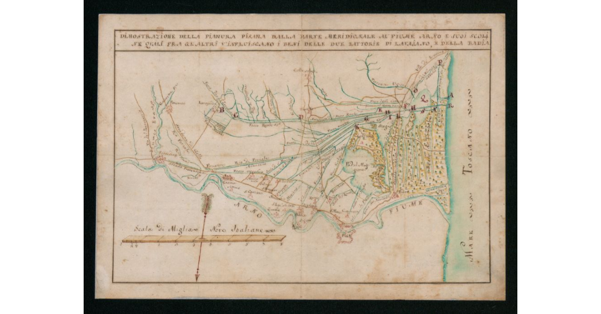 Dimostrazione della Pianura Pisana dalla parte meridionale al Fiume Arno e suoi scoli ne quali fra gl'altri v'infiuiscono i beni delle due Fattorie di Lavajano e della Badia