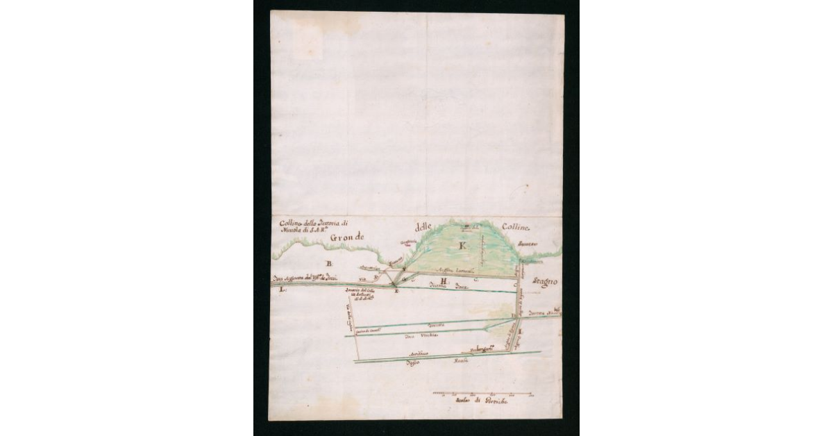 [Disegno schematico del piano di Colle Salvetti con i canali di bonifica]