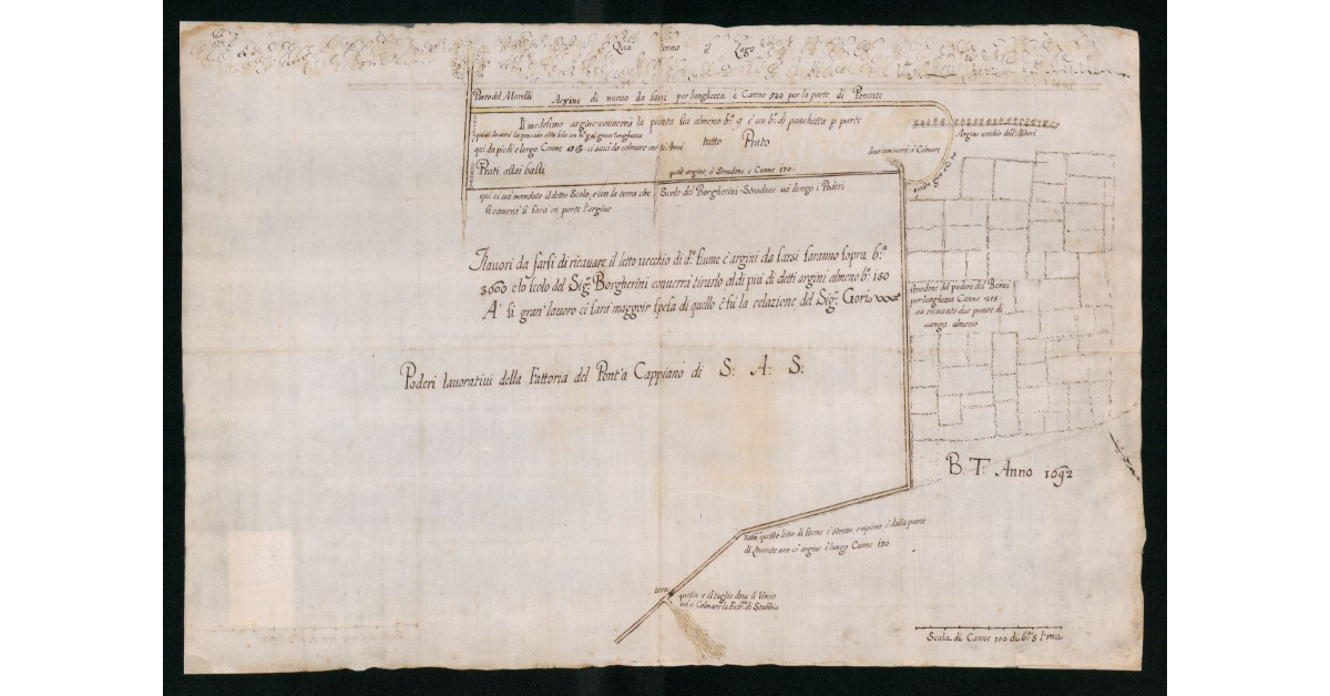 [Carta topografica con progettazione di colmate col fiume Vincio nella fattoria granducale del Ponte a Cappiano]