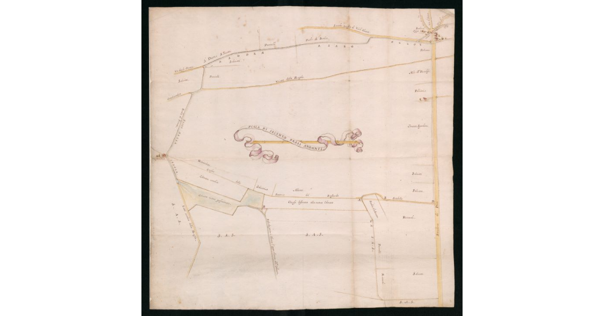 [Disegno schematico delle colmate del fosso Regola tra Badia al Toppo, lo stradone dei Ponti e Casanuova nella Valdichiana settentrionale]