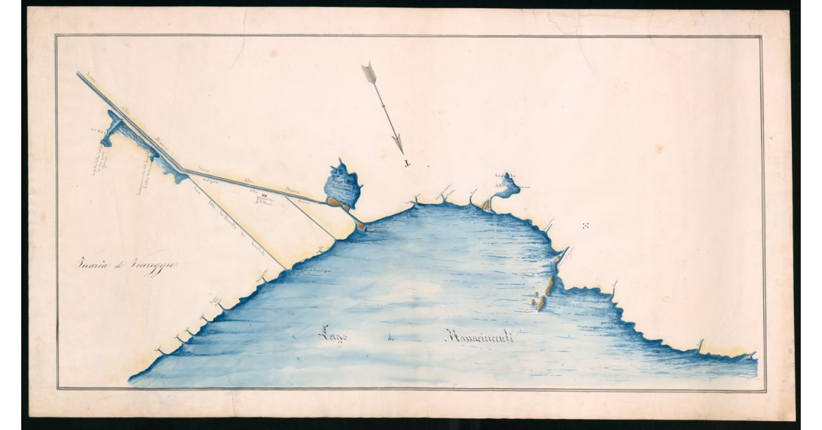 [Disegno schematico della parte meridionale del lago di Massaciuccoli con i paduletti circostanti e gli emissari della Barra e della Barretta]