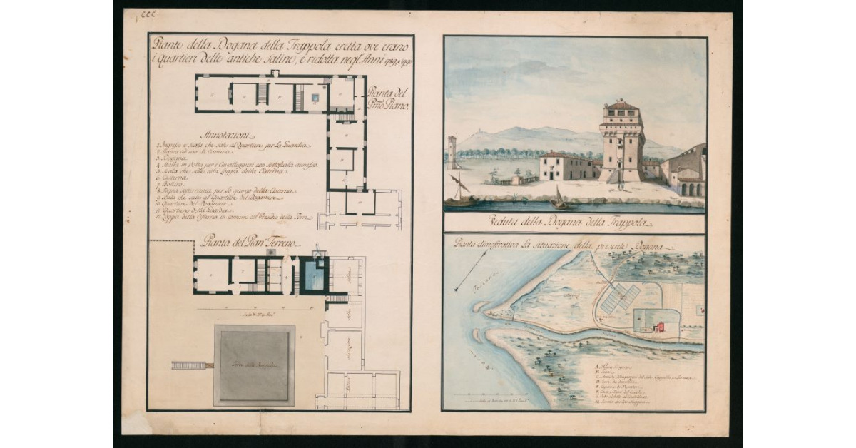 [Piante e veduta "della Dogana della Trappola eretta ove erano i quartieri delle antiche Saline, e ridotta negl'anni 1789 e 1790"]