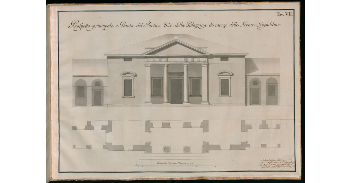 Prospetto principale e pianta del Portico ecc. della Palazzina di Mezzo delle Terme Leopoldine