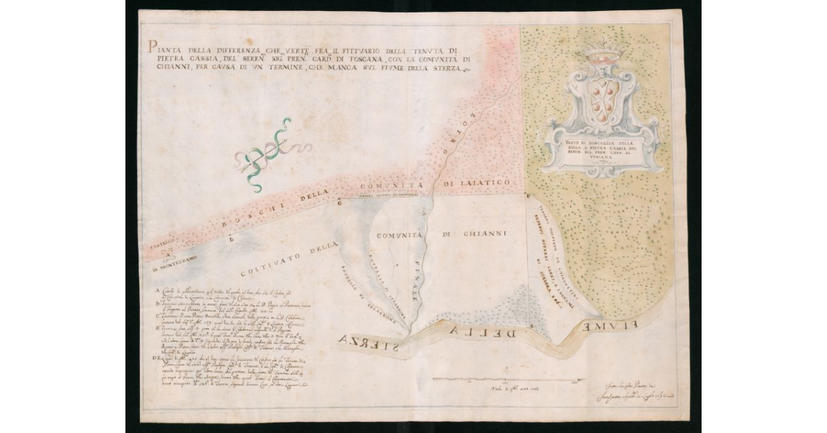 Pianta della differenza che verte tra il Fittuario della Tenuta di Pietra Cassia del Seren.mo Sig.re Pren.pe Card.le di Toscana con la Comunità di Chianni, per causa di un termine che manca sul Fiume della Sterza