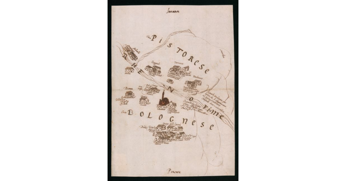 [Disegno schematico del territorio lungo il fiume Reno fra le parrocchie di confine di Campeda e di Pieve delle Capanne, rispettivamente nel Granducato di Toscana e nello Stato Pontificio]
