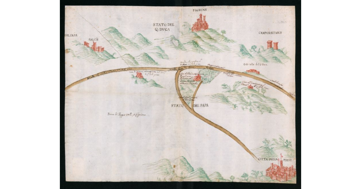 [Disegno schematico del territorio di confine tra Fighine e Città della Pieve (rispettivamente nel Granducato di Toscana e nello Stato Pontificio)]