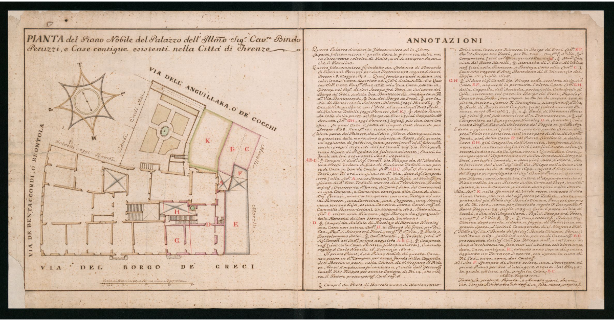 Pianta del piano nobile del Palazzo dell'Ill.mo Sig.Cav.re Bindo Peruzzi, e Case contigue esistenti nella Città di Firenze