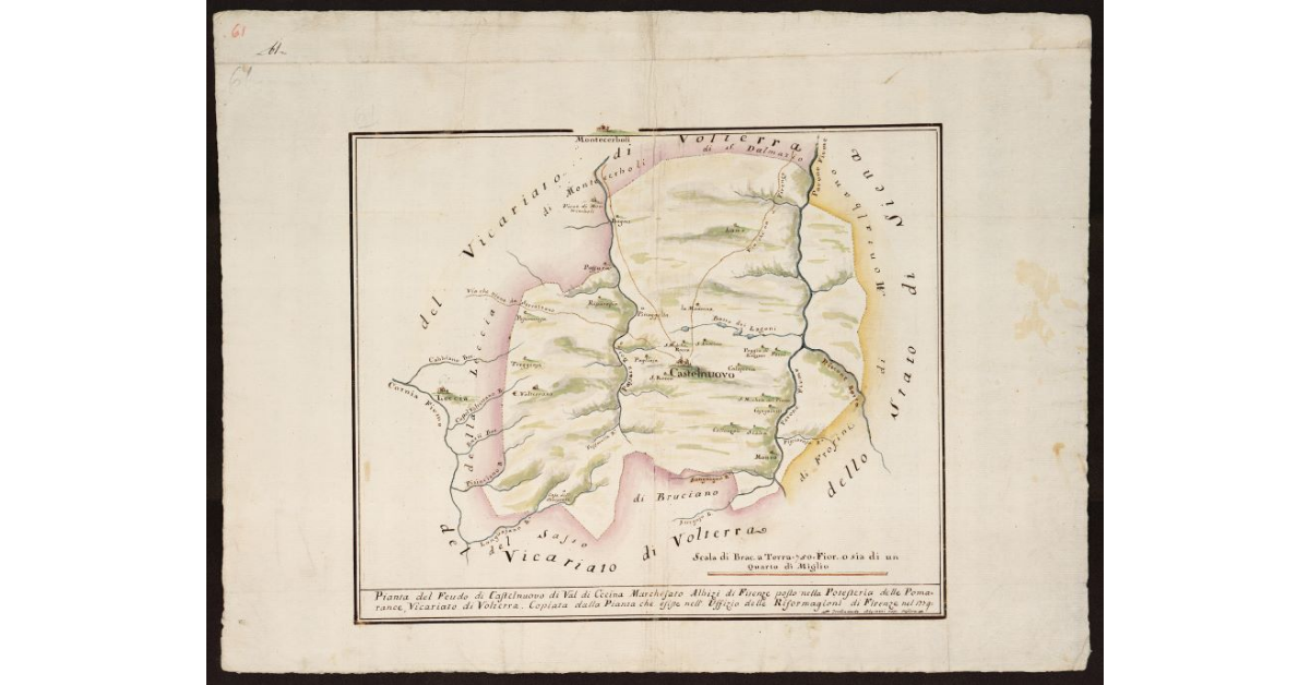 Pianta del Feudo di Castelnuovo di Val di Cecina Marchesato Albizi di Firenze posto nella Potesteria delle Pomarance Vicariato di Volterra. Copiata dalla Pianta che esiste nell'Uffizio delle Riformagioni di Firenze nel 1779