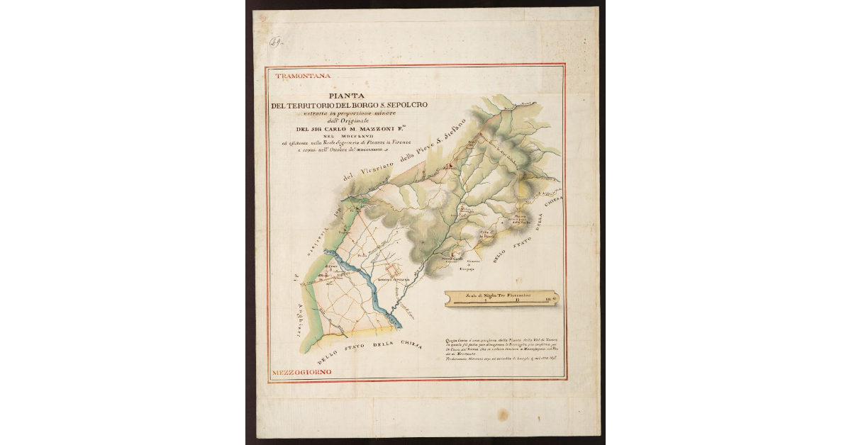 Pianta del territorio del Borgo S. Sepolcro estratta in proporzione minore dall'originale del Sig. Carlo M. Mazzoni F.ta nel MDCCLXVII ed esistente nella Reale Segreteria di Finanze in Firenze e copiata nell'ottobre MDCCLXXVIII