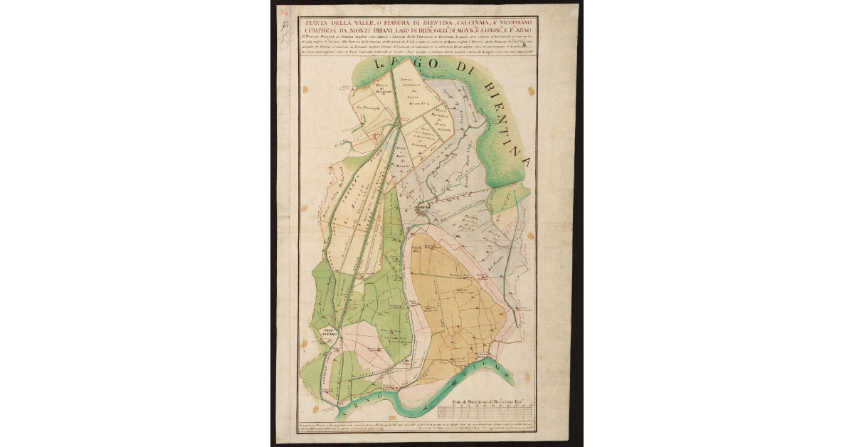 Pianta della Valle o Pianura di Bientina, Calcinaia e Vicopisano compresa da Monti Pisani, Lago di Bien.na, Colline di Montecchio e S. Colomba e F.me Arno