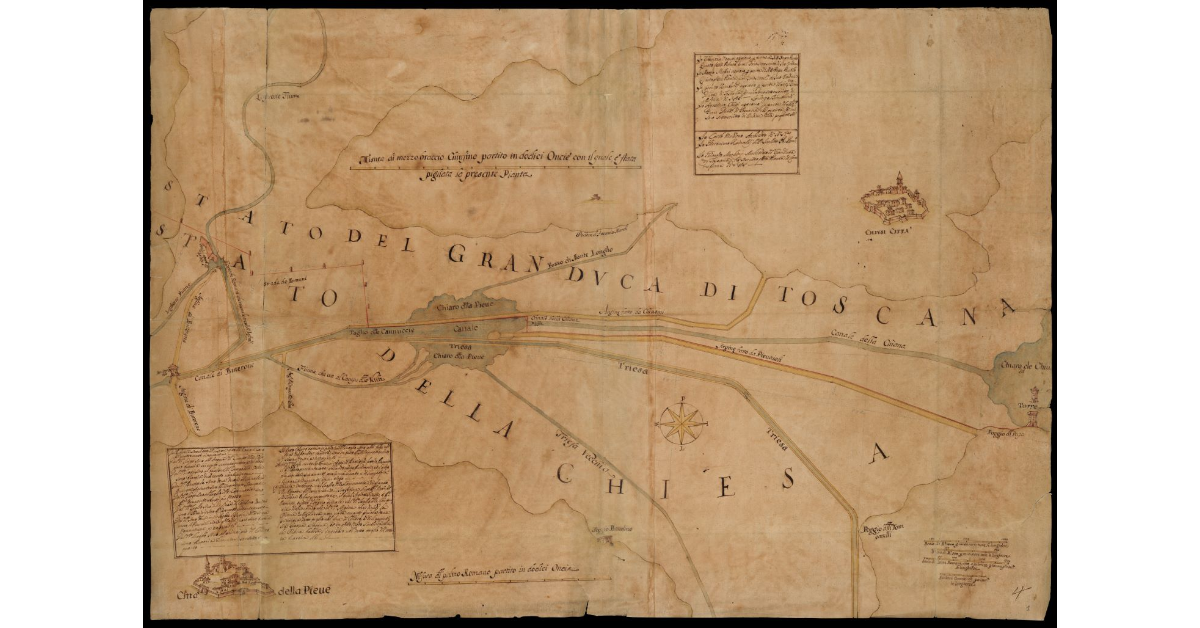 [Copia della Pianta delle Chiane, con la distinzione dei Confini tra lo Stato Ecclesiastico, e il Granducato di Toscana, con di più i canali in essa fatti, del 1607]