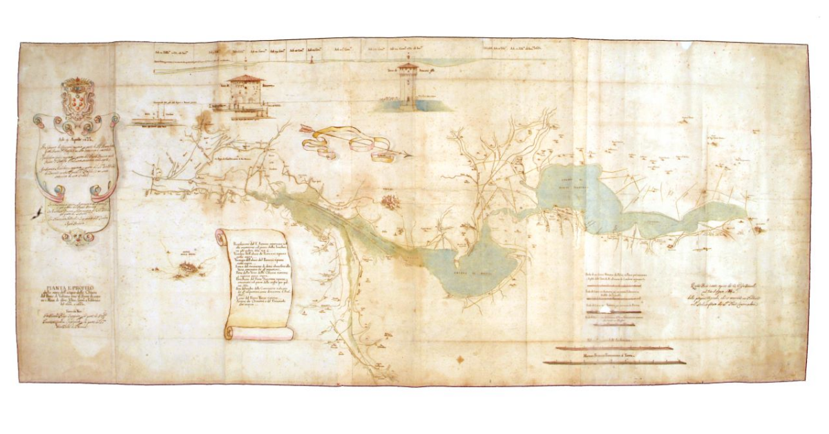 Pianta e Profilo dello Stato dell’acque delle Chiane dal Ponte di Valiano sino al Ponte di sotto nei Mesi di novembre, dicembre, gennaio e febbraio del 1663 e 1664