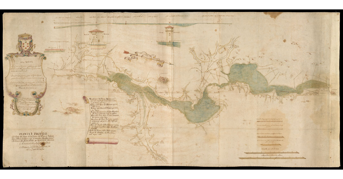 Pianta e Profilo dello Stato dell’Acque della Chiane dal Ponte di Valiano fino al Ponte di Sotto nè mesi di novembre, dicembre, gennaio e febbraio del MDCLXIII e MDCLXIV