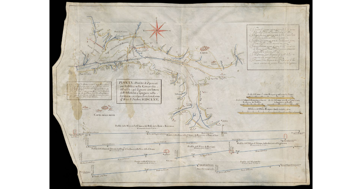 Pianta e Profilo di Operazioni stabilite nella Concordia del 1664 e qui segnate con lettere dell’Alfabeto e spiegate nella scrittura corrispondente sottoscritta q.to dì 12 d’Ottobre MDCLXV