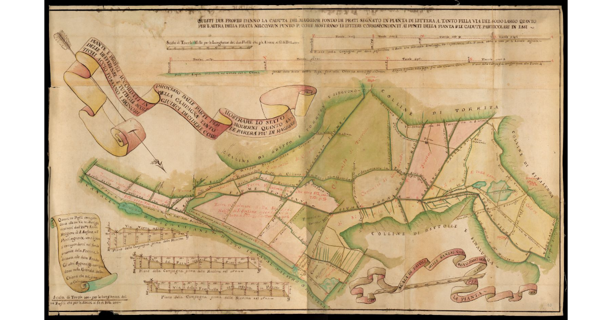 Piante e profili accordati in processo dalle parti per mostrare lo stato delle differense e tutti gli scoli della campagna tanto moderni quanto antichi acciò possano i signori giudici decidere come le parerà più di ragione