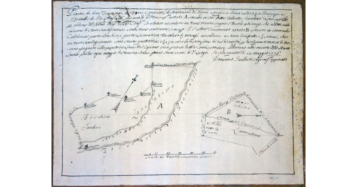 Pianta di due tenimenti di Terre comunitative di San Cascian de Bagni concesse a linea nel 1733/4 a Giuseppe e Fratelli di Gio. Ang.o Leli