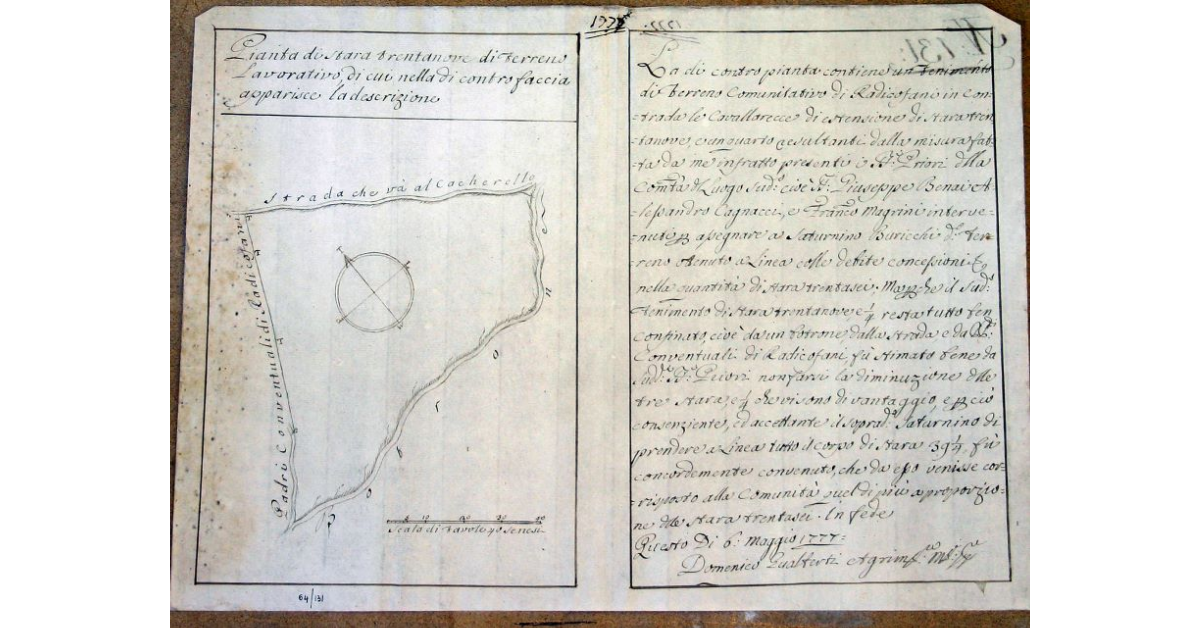 Pianta di stara trentanove di terreno lavorativo, di cui nella di contro faccia apparisce la descritione