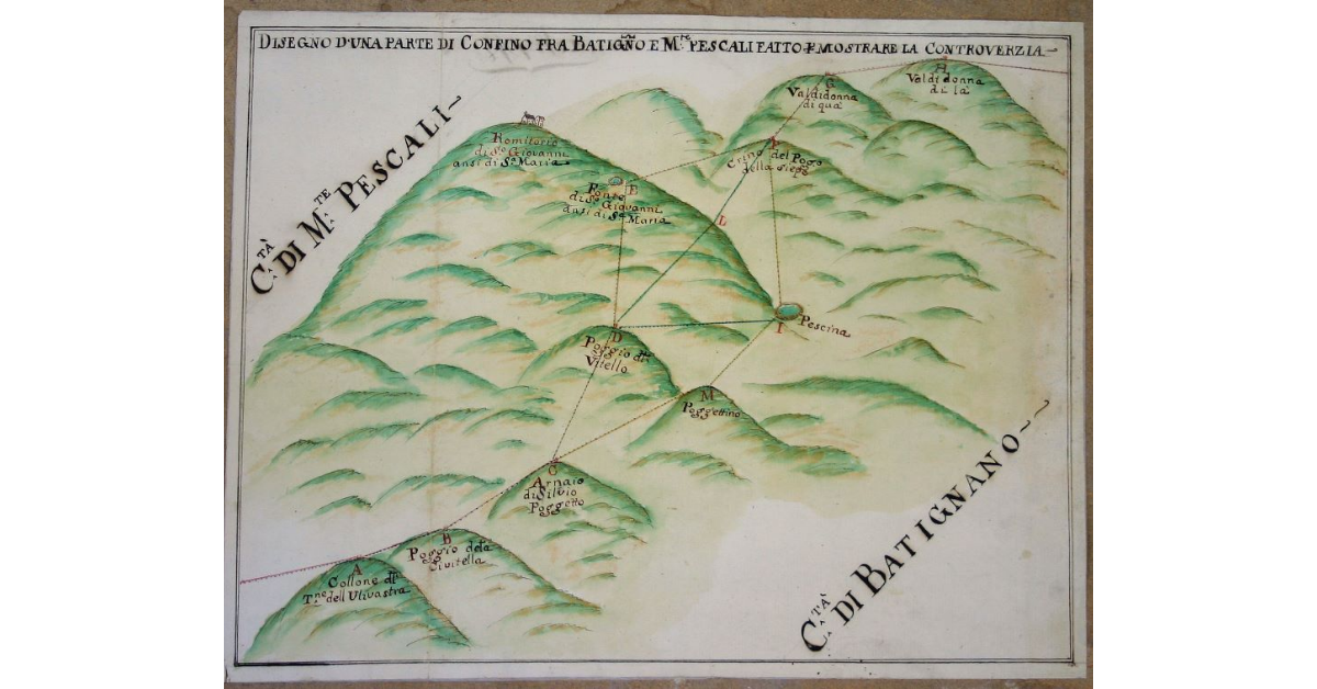 Disegno di una parte di Confino fra Batignano e Monte Pescali fatto per mostrare la Controverzia